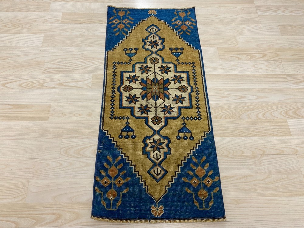 Vintage Anatolian Rug 1.3x2.8ft Antique Geometric Medallion Blue Gold Carpet Mat