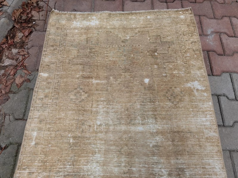 Vintage Turkish Oushak Runner 3x10 Hand Knotted Wool Distressed Beige Ghost gallery