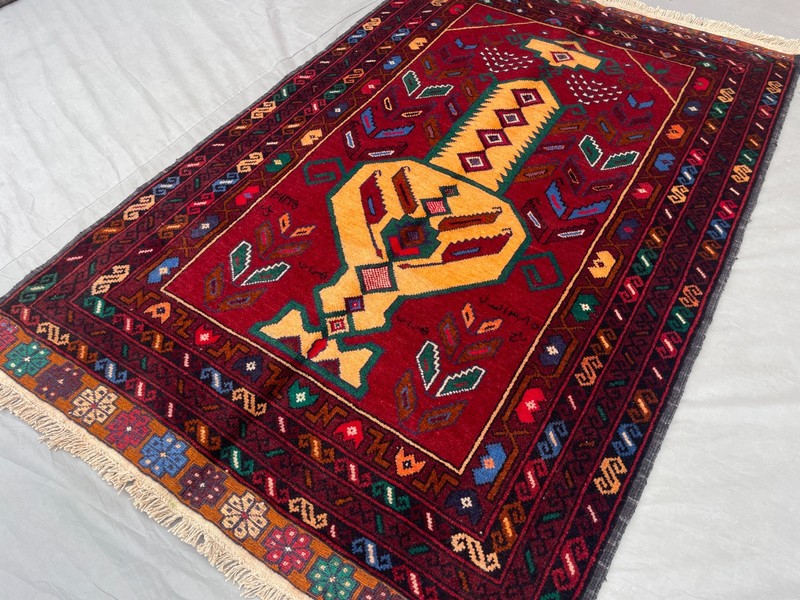 2'10x4'5 ft Vintage Afghan Pictorial Hand Knotted Wool Red Gold Vase Area Rug gallery