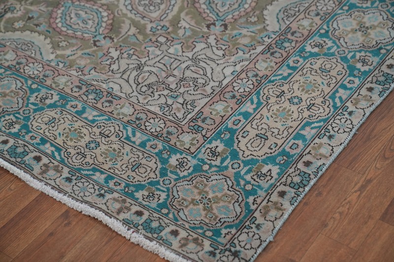 Vintage Muted Green Wool Tebriz Traditional Handmade Room Size Area Rug 9x13 gallery