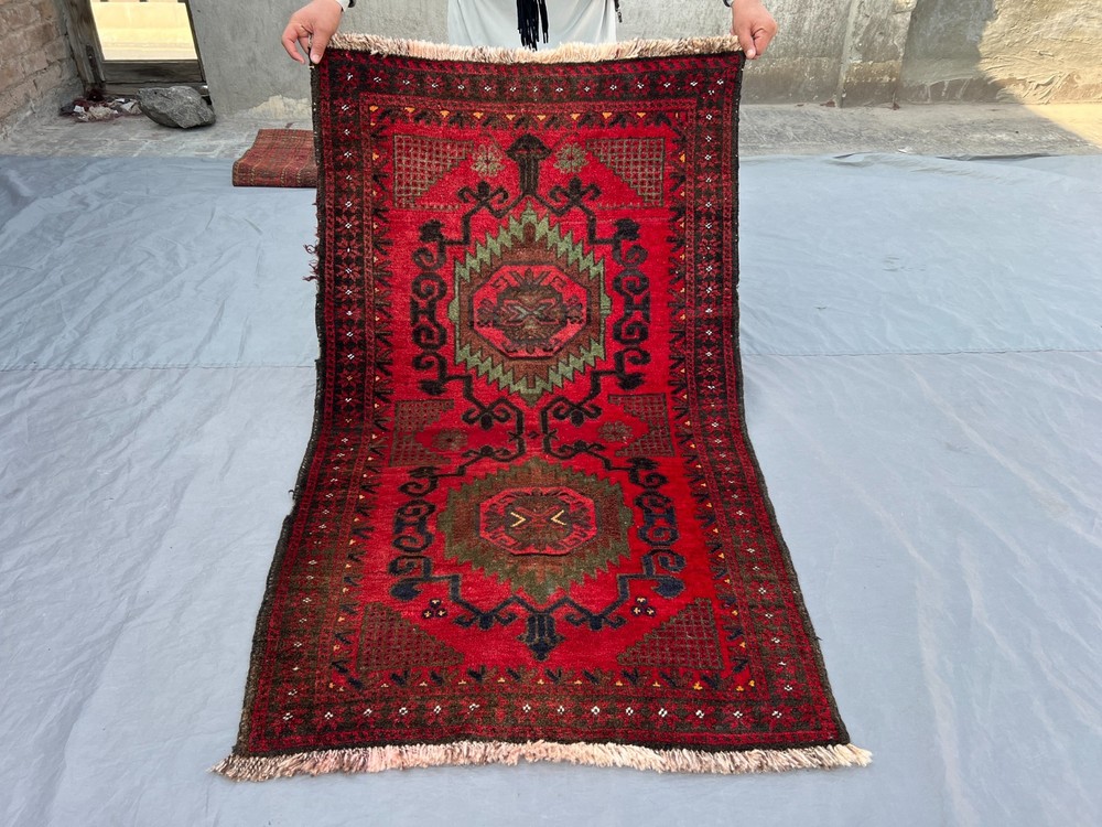Vintage Afghan Hand-Knotted Baluchi Rug 2'11 x 4'11 ft Red Geometric Area Rug