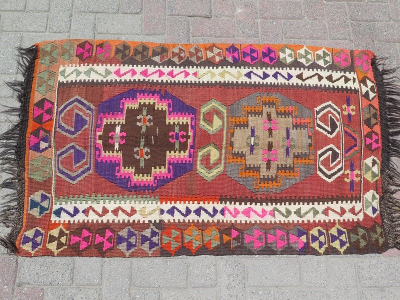 Vintage Turkish Brown Orange Geometric Accent Rug Kelim Carpet 56"X34" gallery