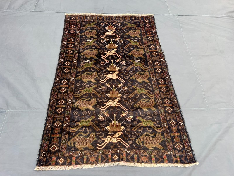 Vintage Afghan Pictorial Rug 3'9 x 5'11 ft Tribal Wool Geometric Faded Wall Rug gallery