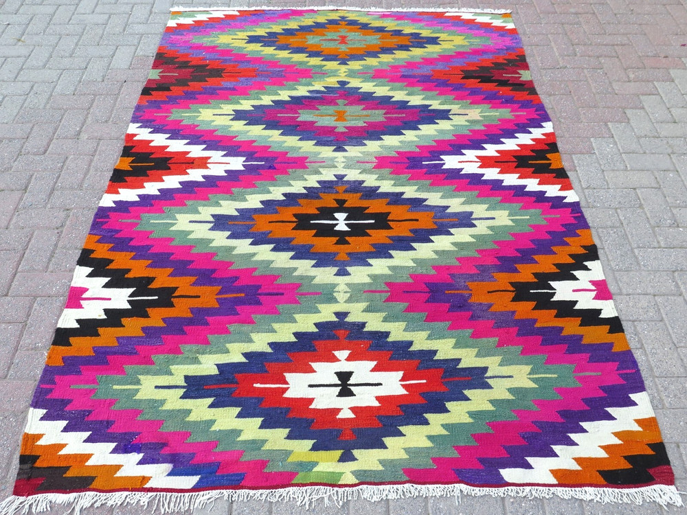 Area Rugs, Turkish Kilim Wool Rug, Multicolor Carpet, Large Teppich Tapi 70"x98"