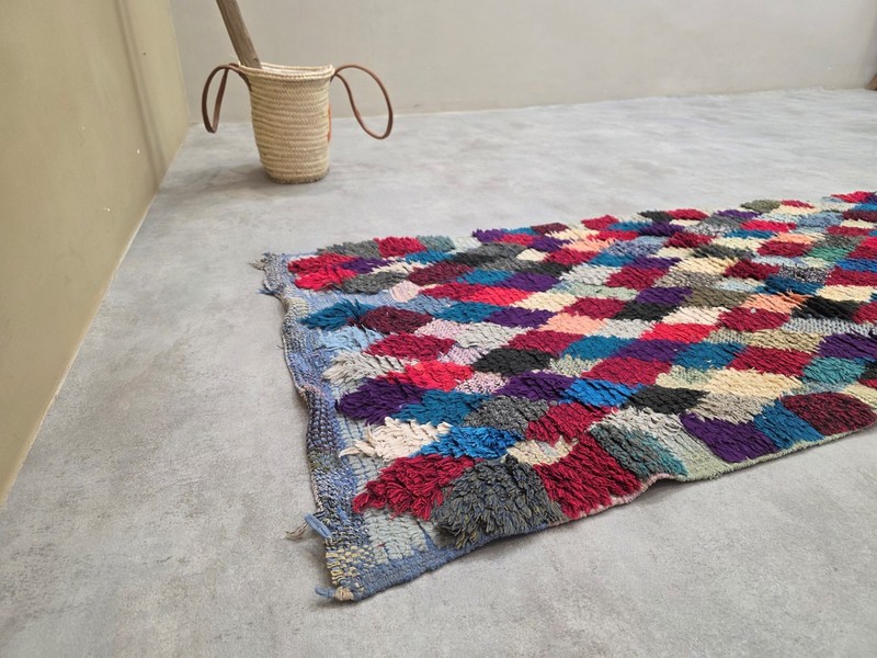 Moroccan Handmade Vintage Runner 2'6"x4'7" Berber Sky blue & Burgundy Cotton Rug gallery