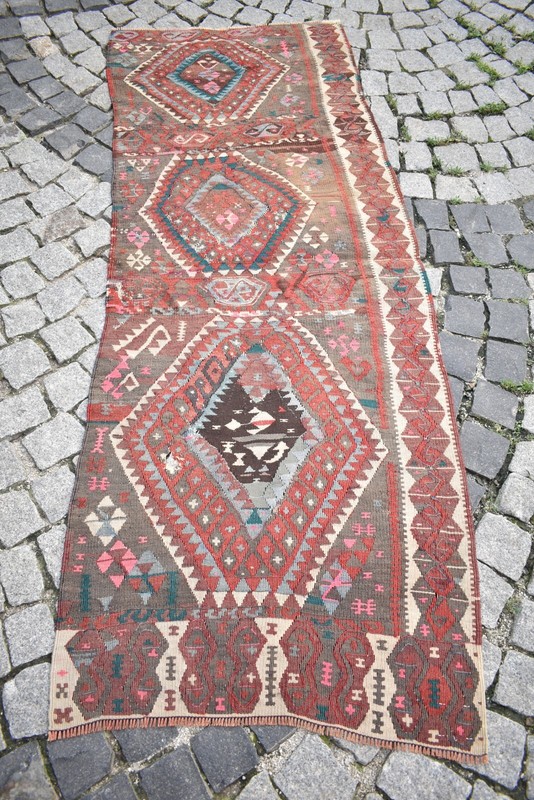 Antique Fragment Rug 31'' x 82'' Anatolian Kurdish Rug Herki Worn Rug Wall Rug gallery
