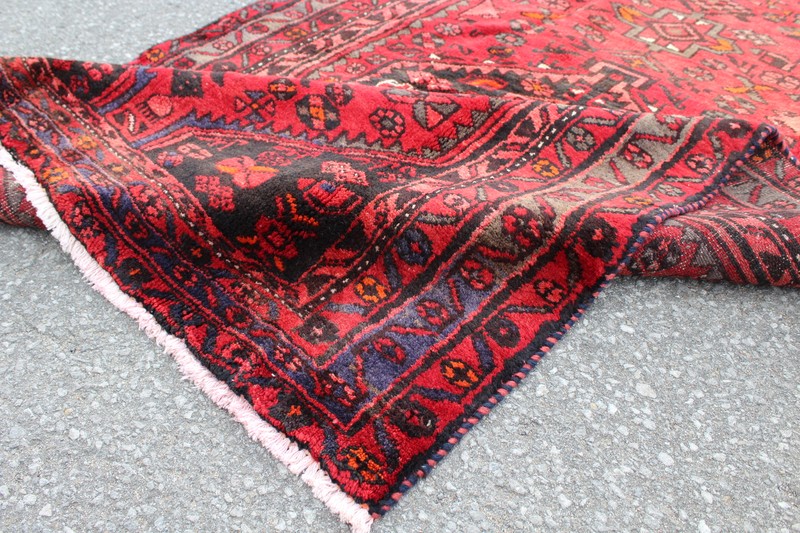 Bright Red Geometric Turkish 3' 12" x 6' 9" Red Hand Knotted Area Rug gallery