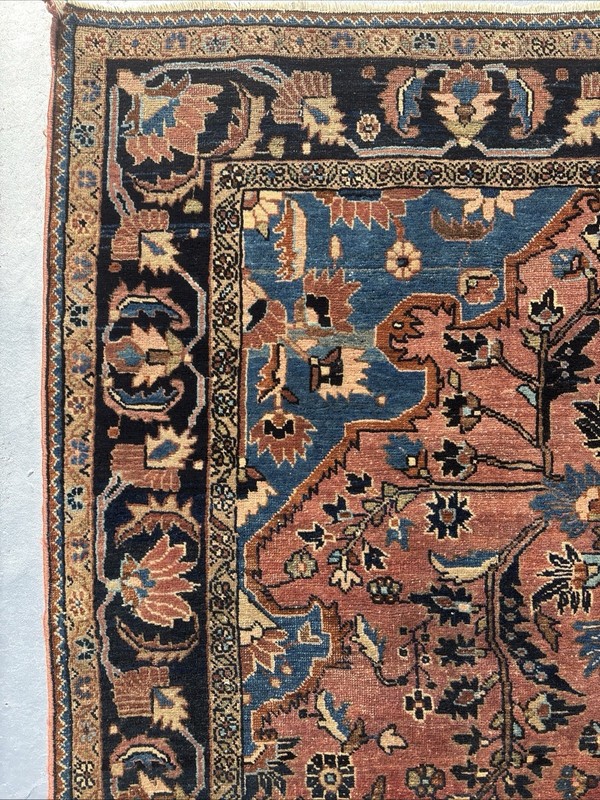 Mohajeran-Saroukk 4 X 6 Antique Rug C. 1920 Blush Rose Field Navy Blue Wet Sand gallery