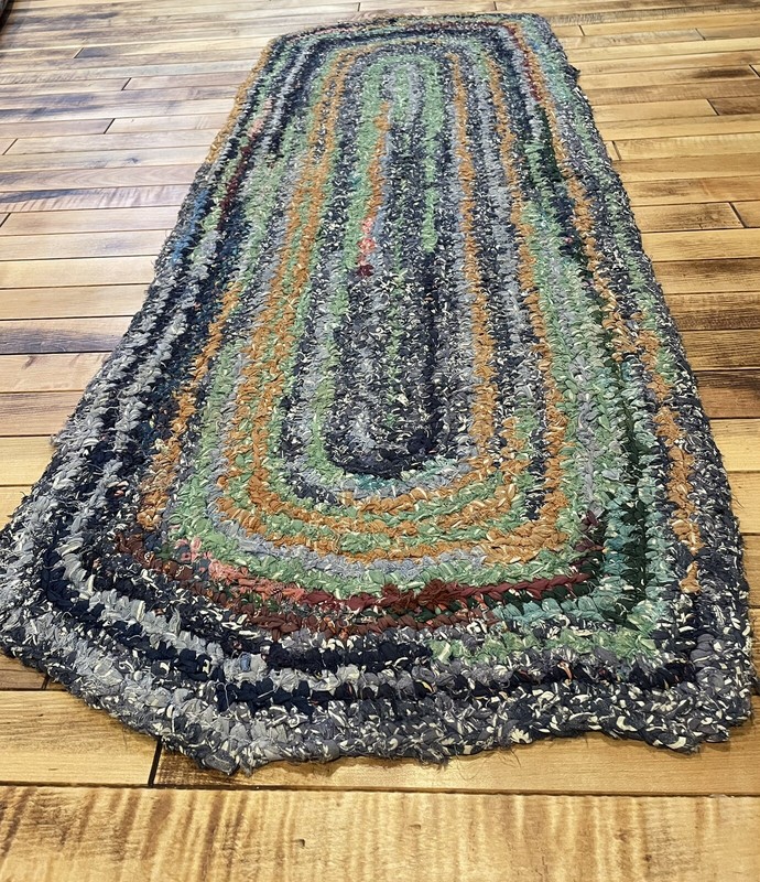 Antique Primitive Hand Woven Braided Rug Blue/Green/Orange Area 4’4”x21” gallery