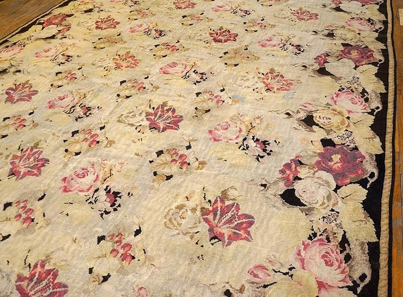 Antique European Bessarabian Kilim 9'6"×16' Ivory Roses, Flat-Weave, 1870s gallery