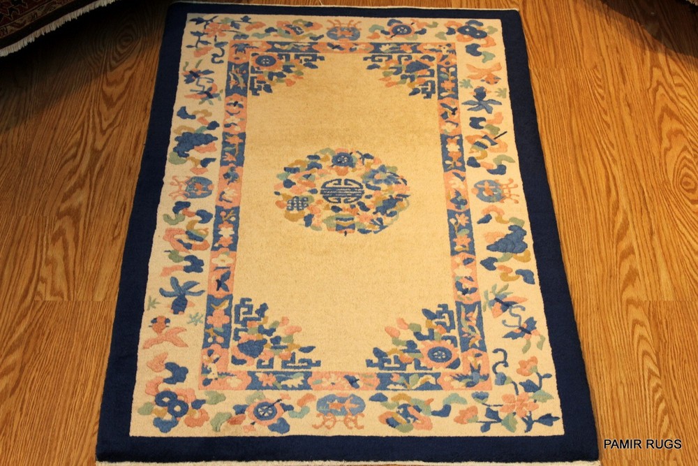 ONE OF A KIND 3x5 CHINESE RUG PEKING BLUE, BEIGE Salmon GOLD ART DECO