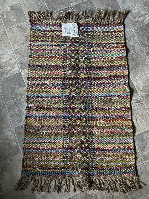 INDIA Rainbow Stripe CHINDI RAG RUG Jute Fringe Boho WORLD MARKET 2’ x 3’ gallery