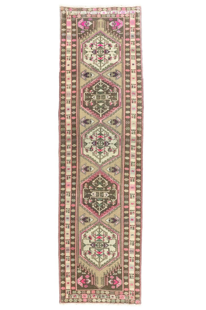 Turkish Oushak Runner Rug 2.7x10 ft – Pastel Pink Green – Modern Entry Rug