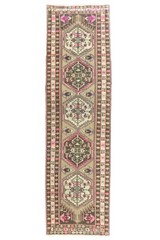 Turkish Oushak Runner Rug 2.7×10 ft – Pastel Pink Green – Modern Entry Rug