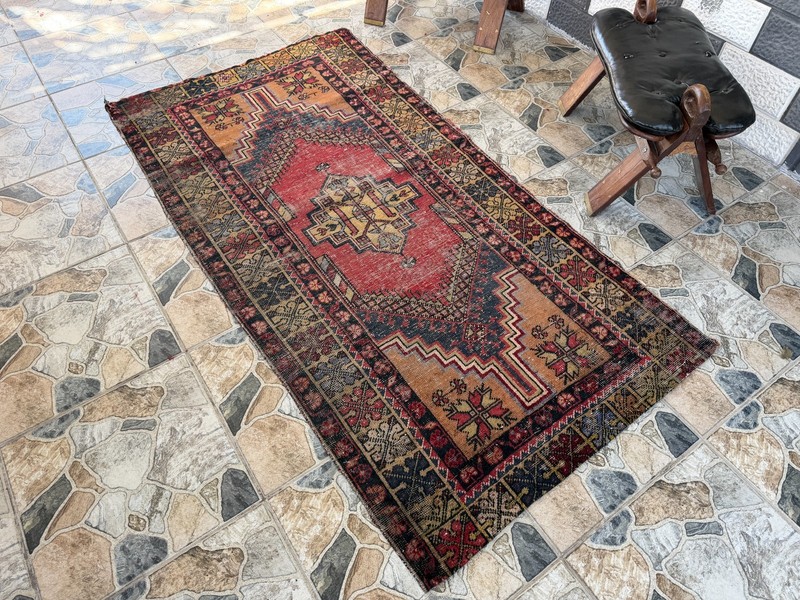 Vintage Turkish Distressed Rug 3x6 ft Hand Knotted Wool Antique Tribal Anatolian gallery