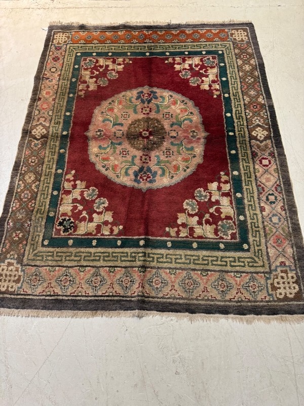 Antique Oriental Hand-Knotted Wool Area Rug Mongolian Rare Red/Ivory 4'10" x 6'3 gallery