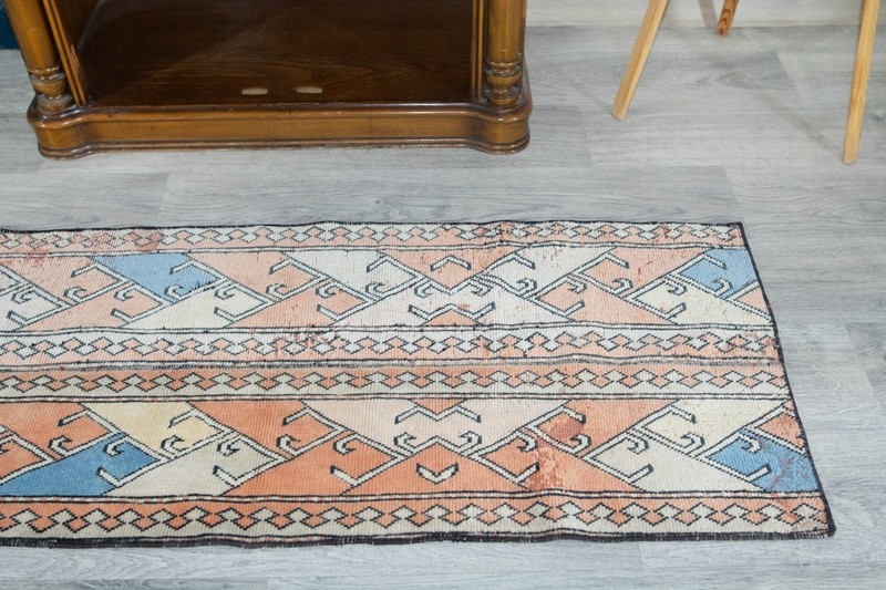 Vintage Turkish Runner Rug, Teppic Orange Blue Beige Geometrical Wool (2x5'1 ft) gallery