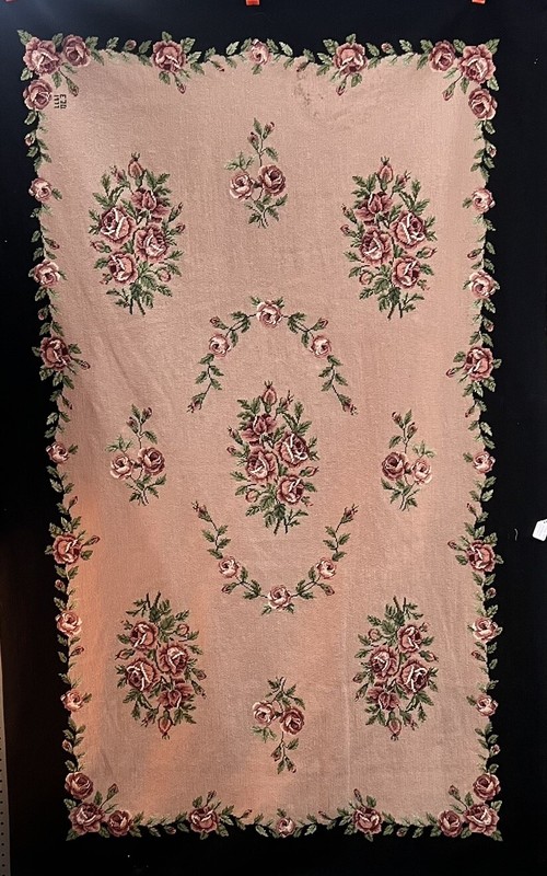 VTG Tapestry Crewel Embroidered Handmade 1941 Black/Pink Floral Rose Rug 77"x48" gallery