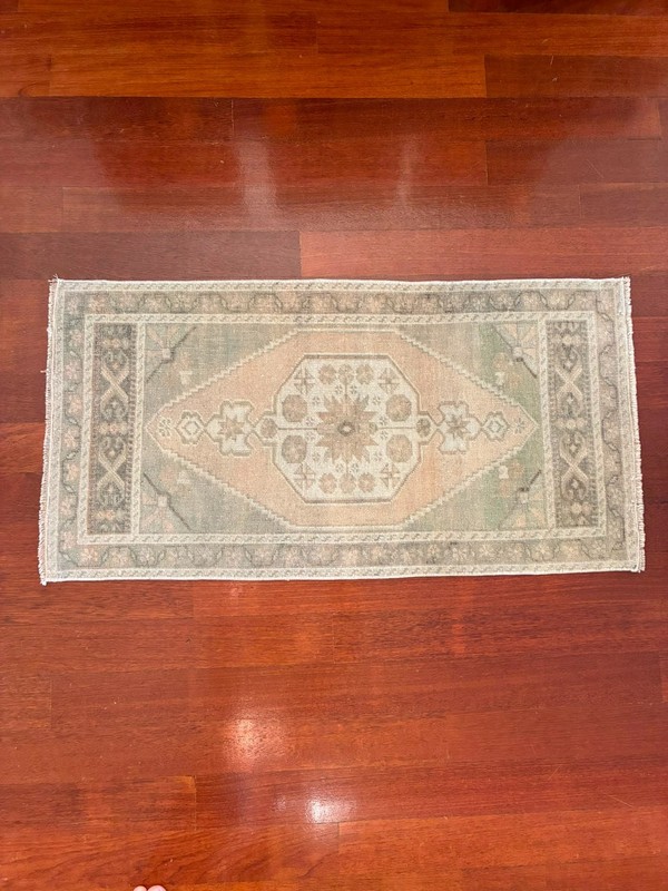 Muted Pink Green 2x4 Small Runner Wool Hand Knotted Vintage Turkish Oushak Rug gallery