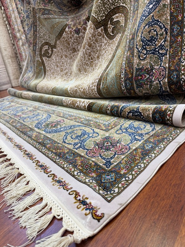 Turkish Pure Silk Rug Luxury Oriental Carpet Floral Mint Green 7x10ft gallery