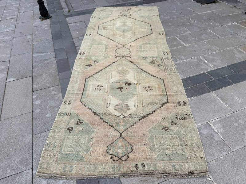 Vintage Turkish Oushak Runner Rug 4.2x11.2 ft Sage Green Hallway Rug gallery