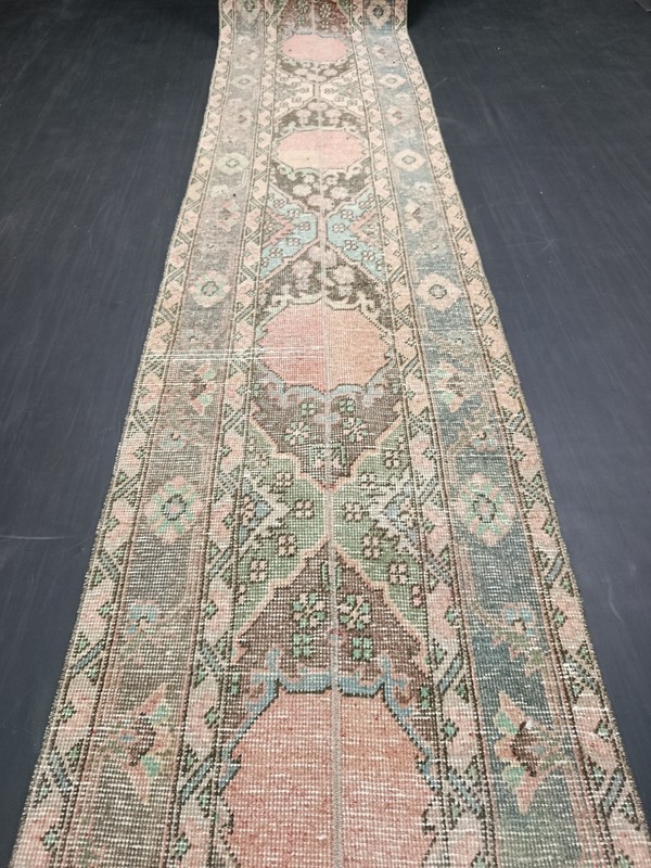 Green Red Geometric Handmade Runner, 1.9x12.2ft, Vintage Turkish Entryway Rug, gallery