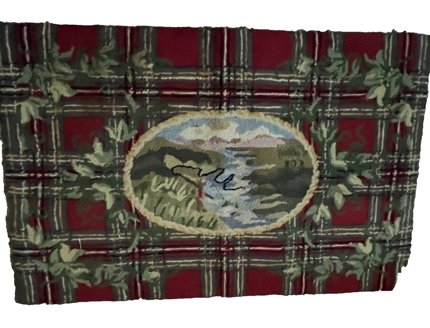 2 x 3 100% Wool Rug Embroidered Plaid Landscape Lake and Mountains Greenery gallery
