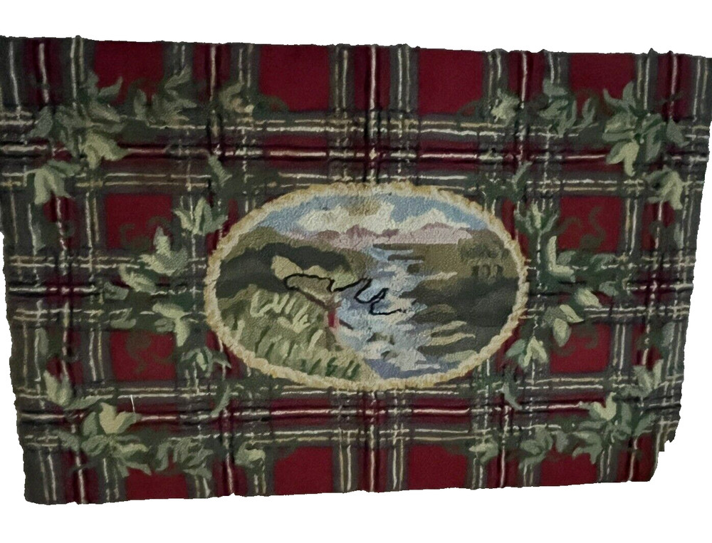 2 x 3 100% Wool Rug Embroidered Plaid Landscape Lake and Mountains Greenery
