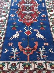 Antique Blue Runner Rug, Damaged Bird Handmade Wool Rug Rare Specil Carpet Rug K