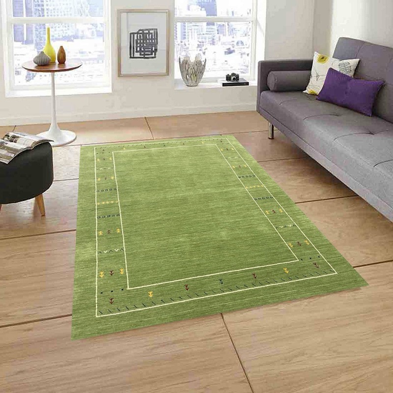 Handmade Green Gabbeh Rug 5x8 – Wool Area Rug with Minimalist Border Design gallery