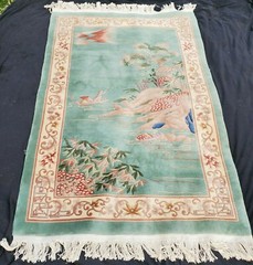 VINTAGE PICTORIAL GREEN FLORAL HAND WOVEN RUG SILK AREA RUG COLLECTIBLE DECOR