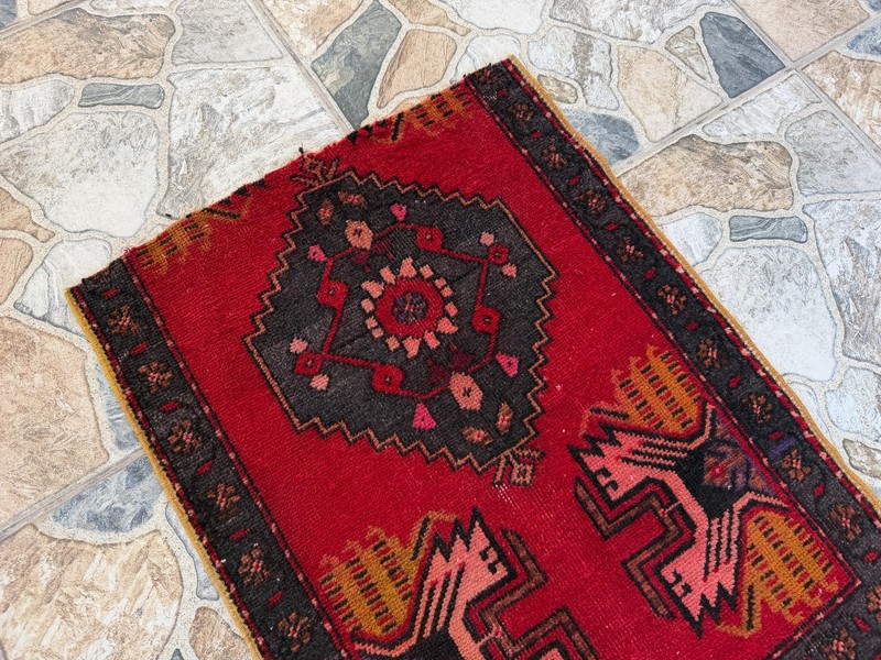 Vintage Turkish Accent Rug 1x2 ft 1980s Red Black Hand-Knotted Wool Anatolian gallery