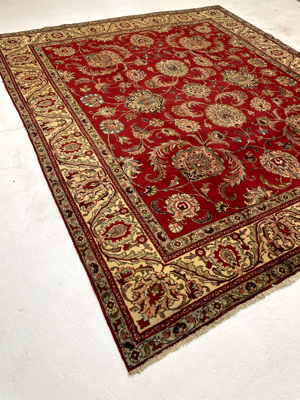 Antique Oriental Hand-Knotted Wool Area Rug Red/Ivory/Blue/Salmon 9'3" x 10'11" gallery
