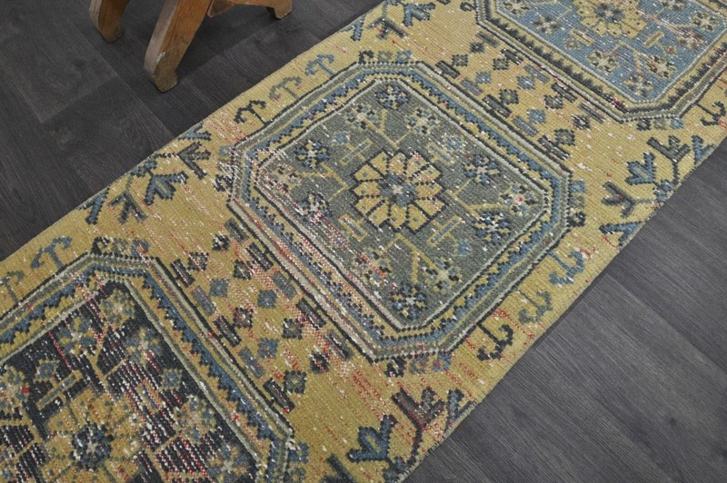 Vintage Turkish Runner Rug 2x11ft Wool Anatolian Handmade Hallway Oushak YELLOW gallery
