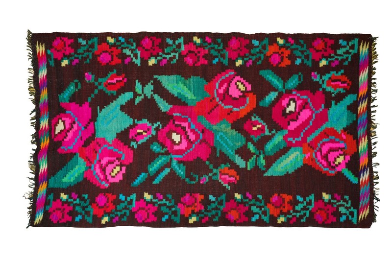 Bessarabian Kilim Rug 100% Wool Floral Roses Dark Brown Pink 1970s Romania 7x4ft gallery