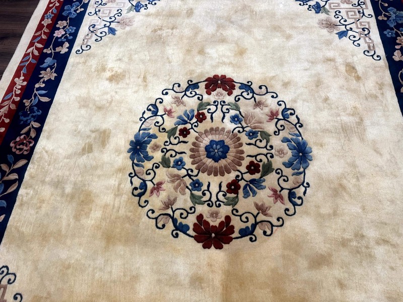 Chinese Rug 10x14 – Cream and Navy, 90 Line Vintage Wool Carpet gallery