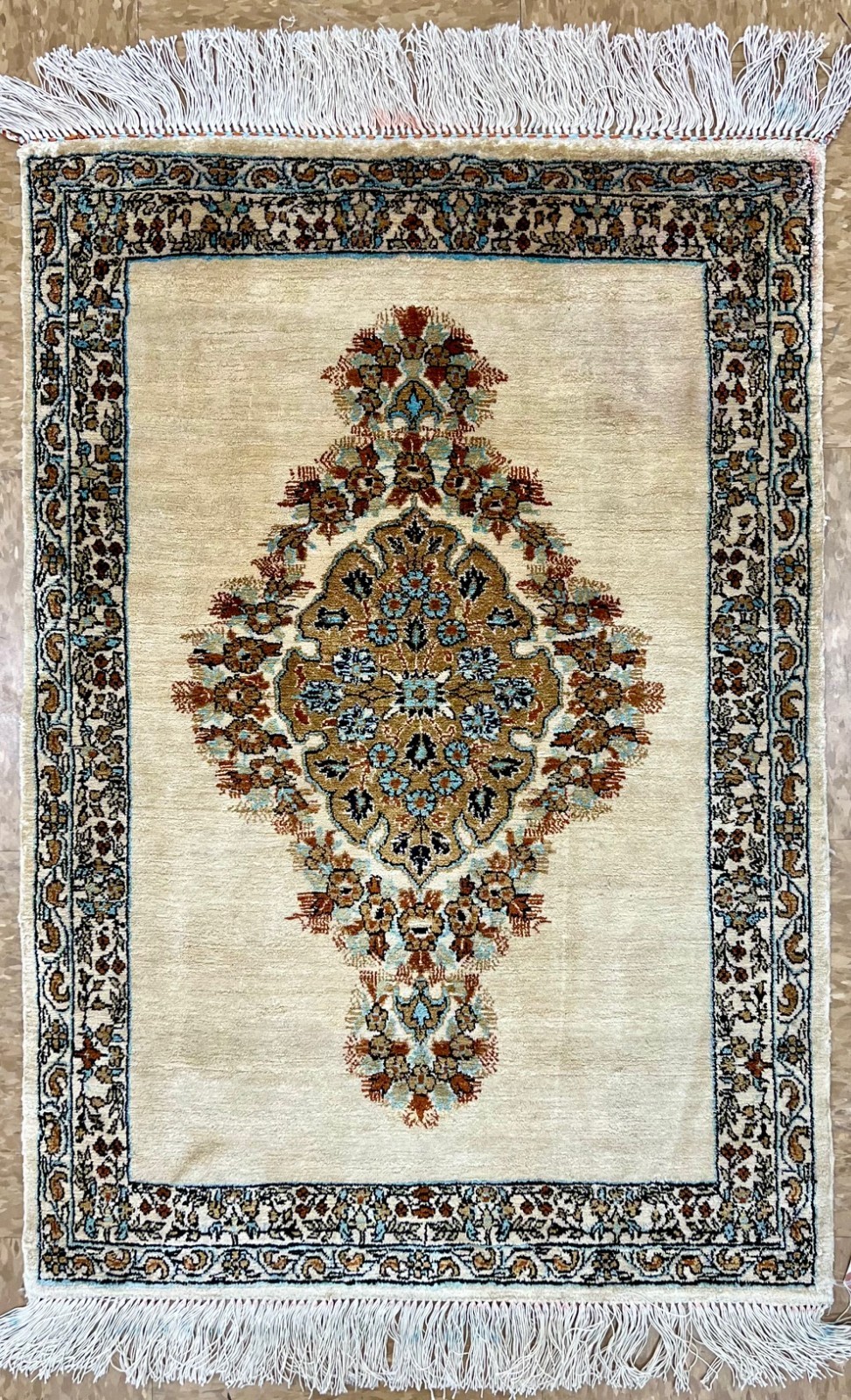 Fine Silk Hand Knotted Oriental Rug 2x3 Ivory Antique Vintage Mint Unused NOS gallery