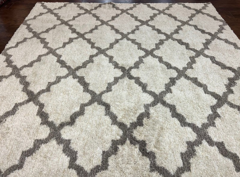 Modern Shag Rug Ivory and Gray Diamond Panel Design Room Sized Area Rug gallery