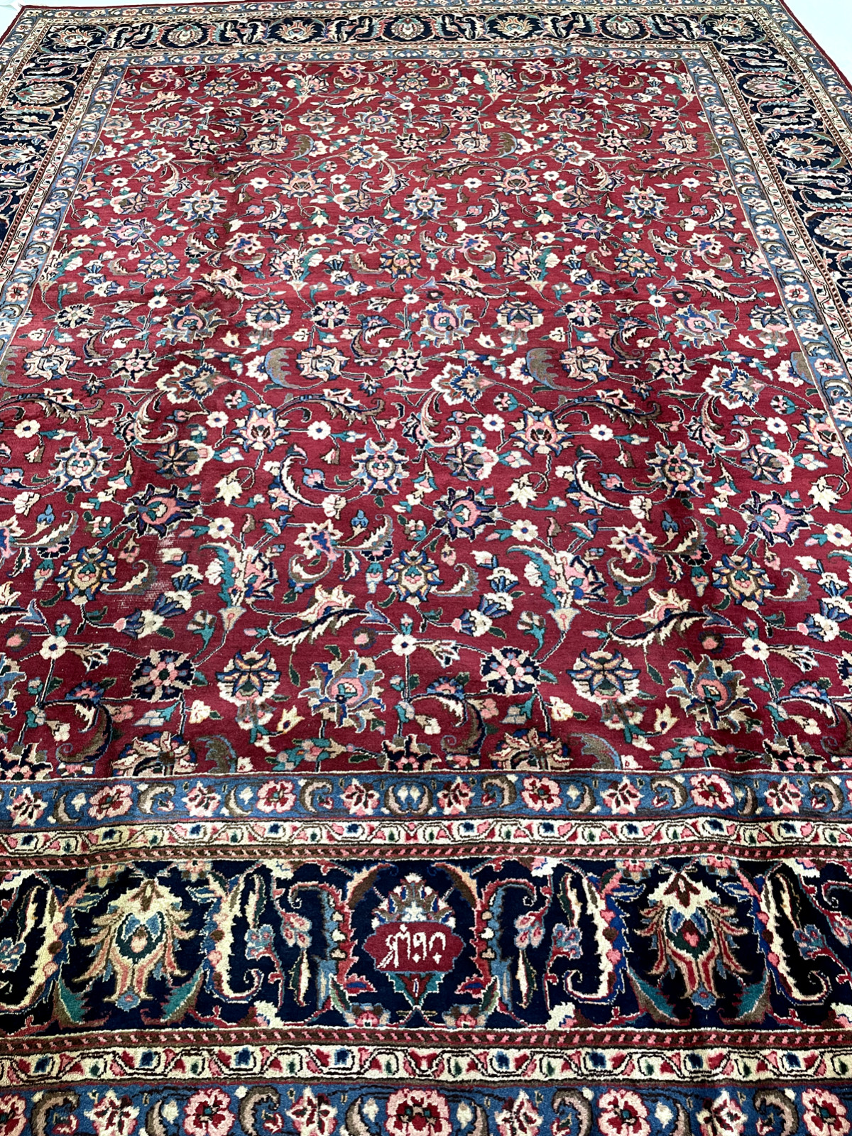 Antique Oriental Hand-Knotted Wool Area Rug Signed Red/Blue/Ivory 9'6" x 12'2" gallery