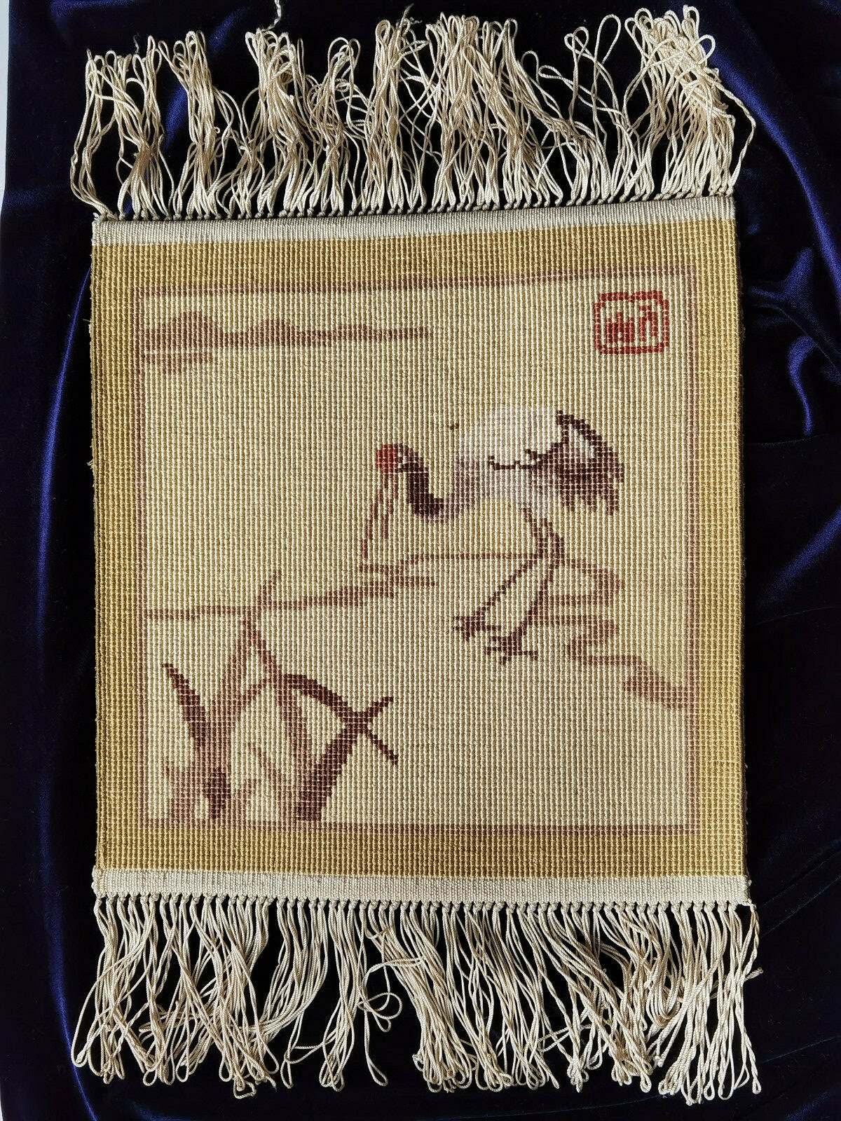 Vintage Jiangsu Chinese Hand Made Small SILK RUG Landscape With Heron Tan Wall H gallery
