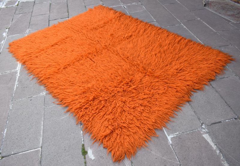 Vintage Turkish Shaggy Rug 62'' x 87'' Anatolian Long Pile Tulu Orange Wool Rug gallery