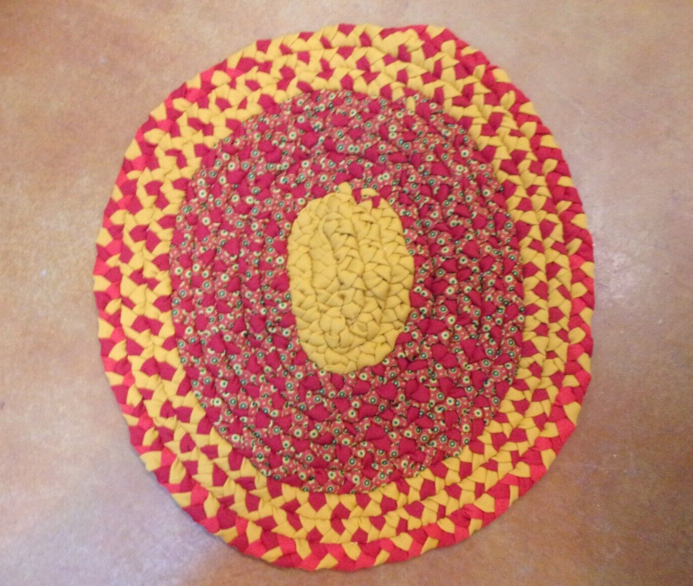 Vintage Handmade Braided Rug - New/Unused - 27" X 24" - Red/Gold gallery