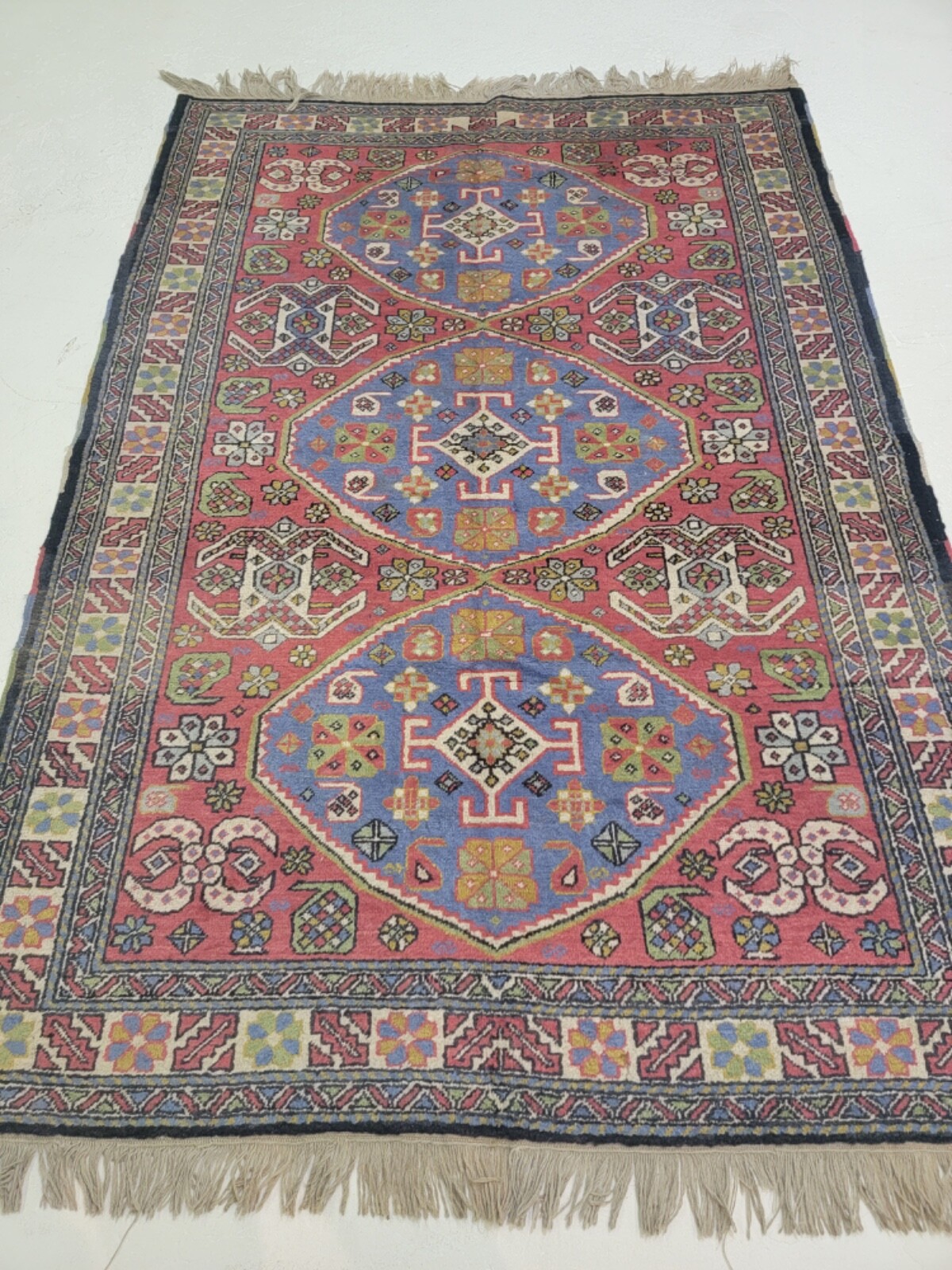 Antique Oriental Hand-Knotted Wool Area Rug Kazak Red/Blue/Green 4'7" x 6'7" gallery