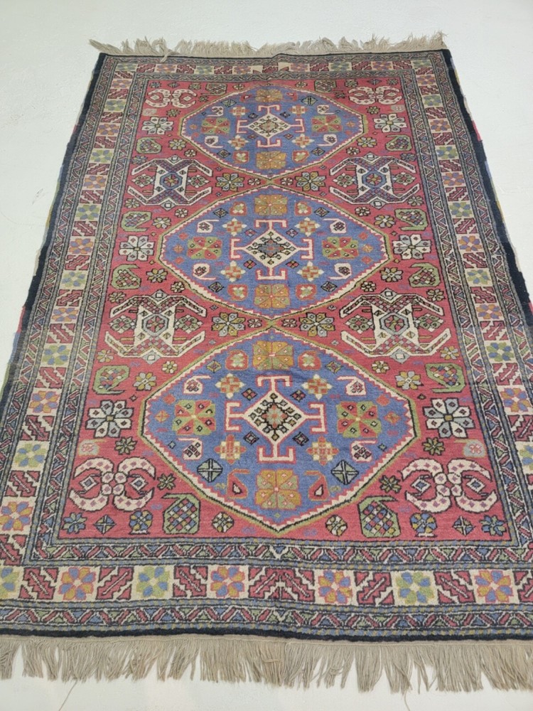 Antique Oriental Hand-Knotted Wool Area Rug Kazak Red/Blue/Green 4'7" x 6'7"