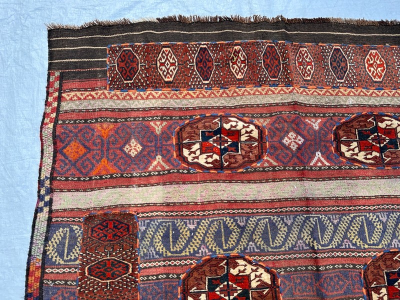 7 X 4'5 ft COLLECTORS' ITEM Vintage Bukhara Turkoman Geometric Kilim Carpet Mix gallery