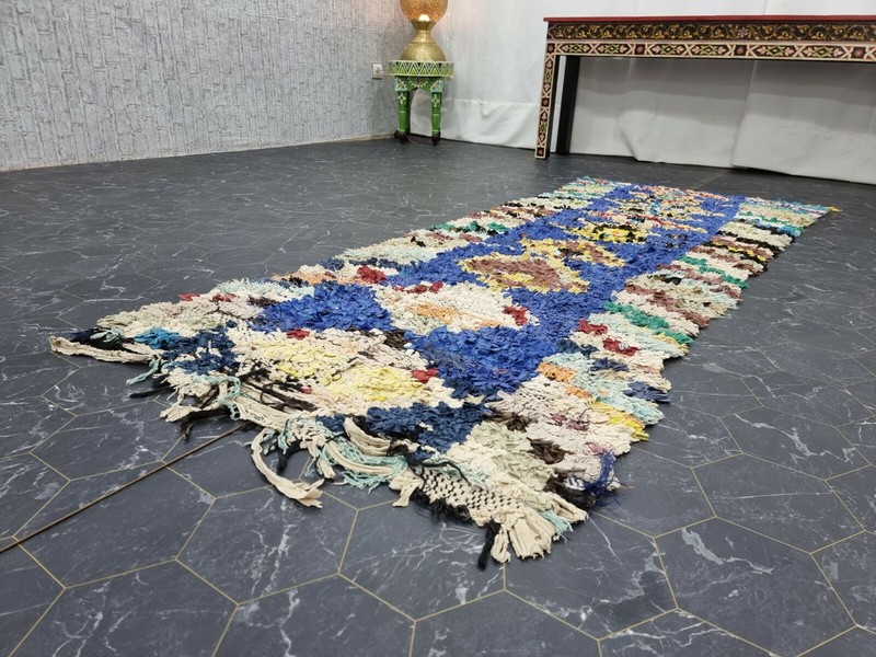 Moroccan Handmade Vintage Boucherouite Rug 2'3"x7' Berber Geometric Blue Carpet gallery