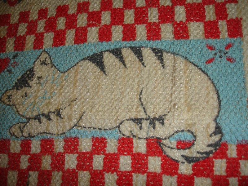 Vintage Hand Woven Cat Rug 22x30 Black & White Cats w/Red White Blue Background gallery