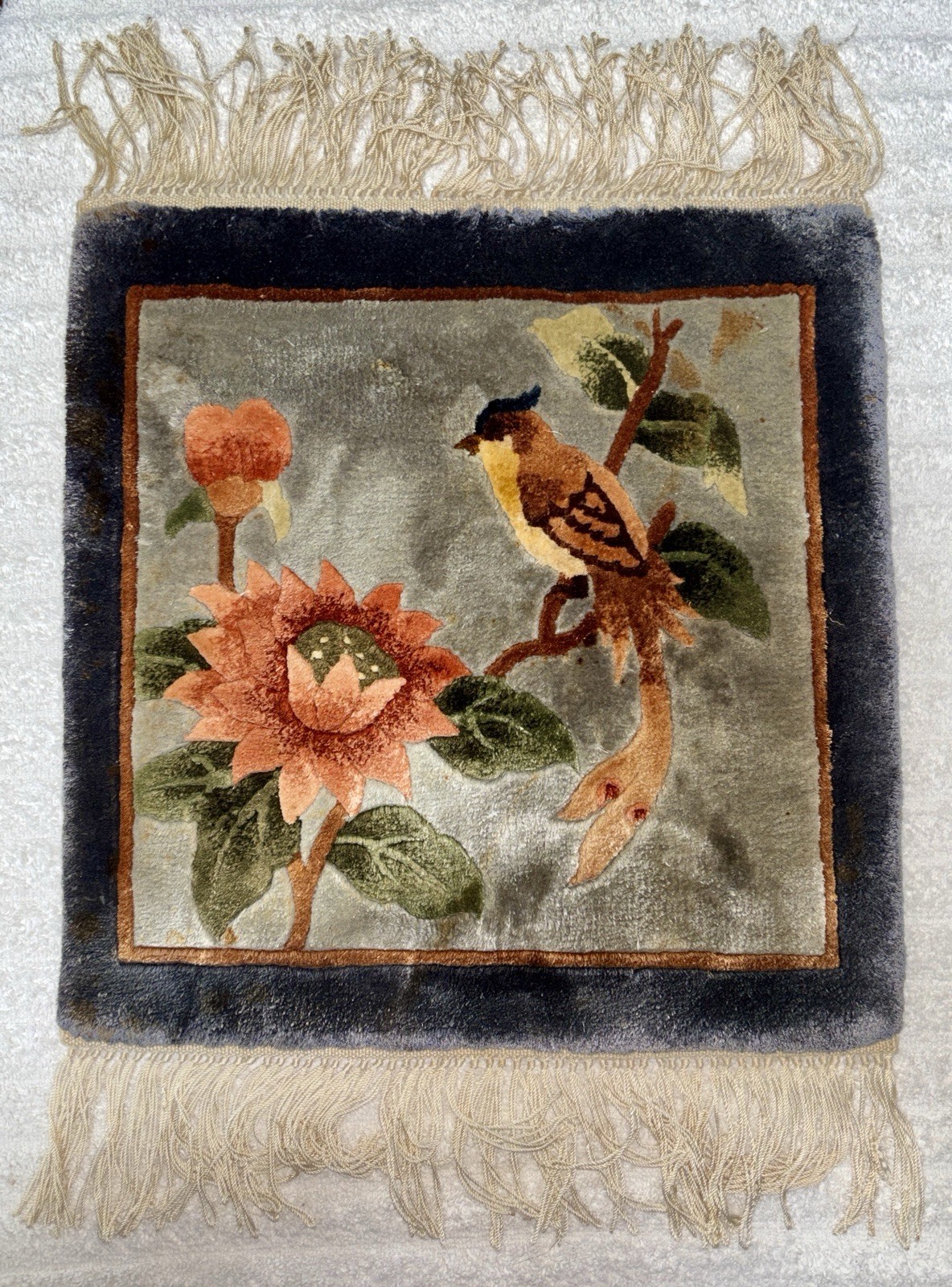 Small Vintage Chinese Oriental Silk Rug 12x12 Bird On Branch-Floral gallery
