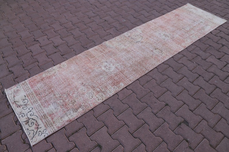 Turkish Handmade Runner Faded Red Hallway Rug Wool Oushak Floral Carpet 2x10ft gallery