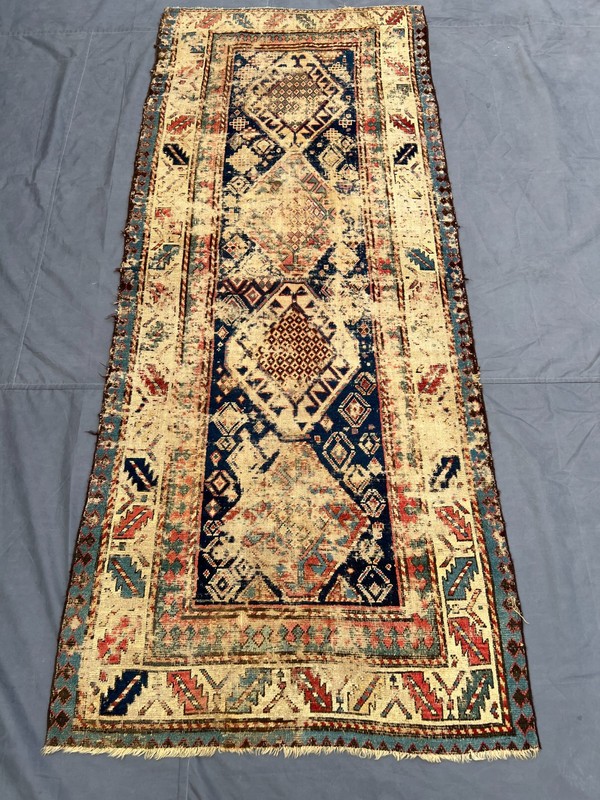Cream Blue Distressed Low Pile Rug 3x8 ft Hand Knotted Turkish Runner Carpet gallery